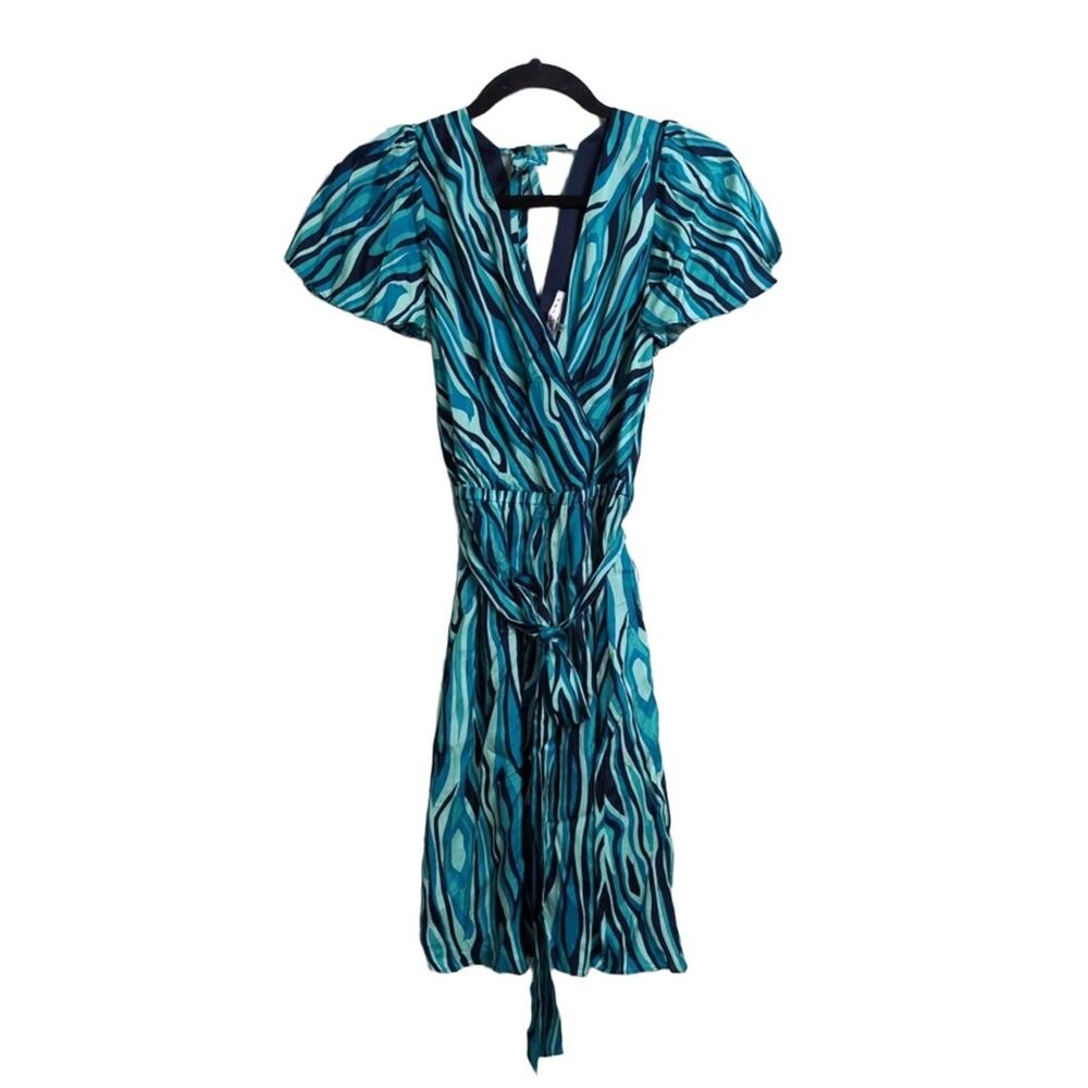 NWT Trina Turk Planetary 2 Abstract-Print Faux-Wrap Dress Wavy Blue Teal V-Neck